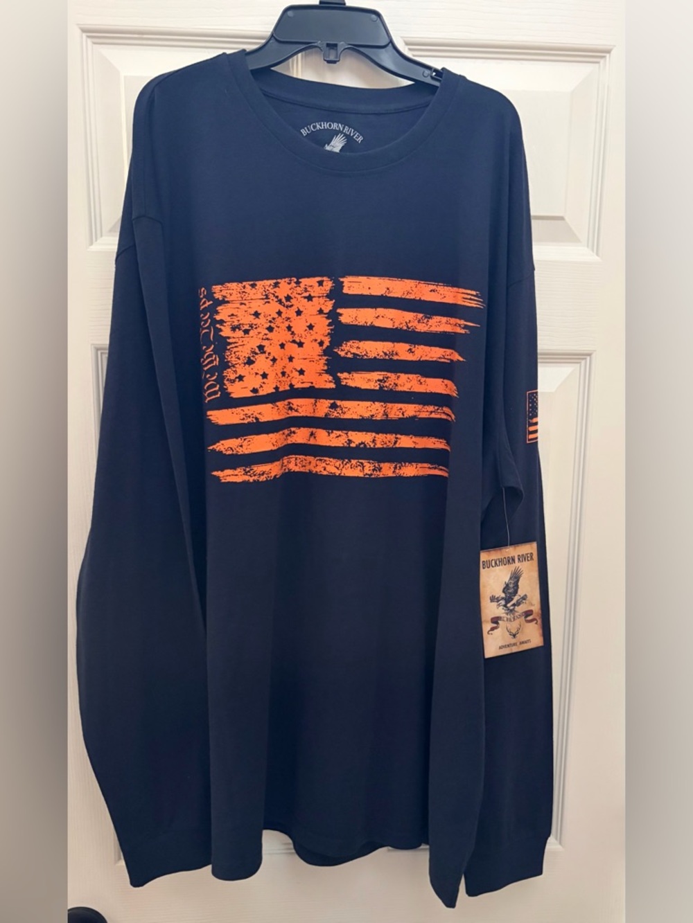 Buckhorn River Men's Long Sleeve Flag Tee - Navy with Orange Print
